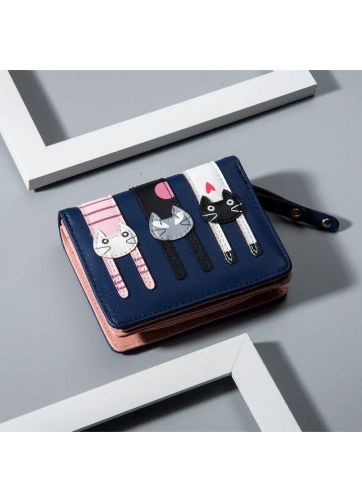  new leisure cute cartoon three cat women's purse zipper zero wallet wallet wallet women's short wallet Pu 