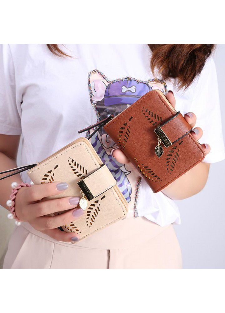  popular women's purse short PU leather wallet student fashion zipper card bag leaf foreign trade customized wholesale 