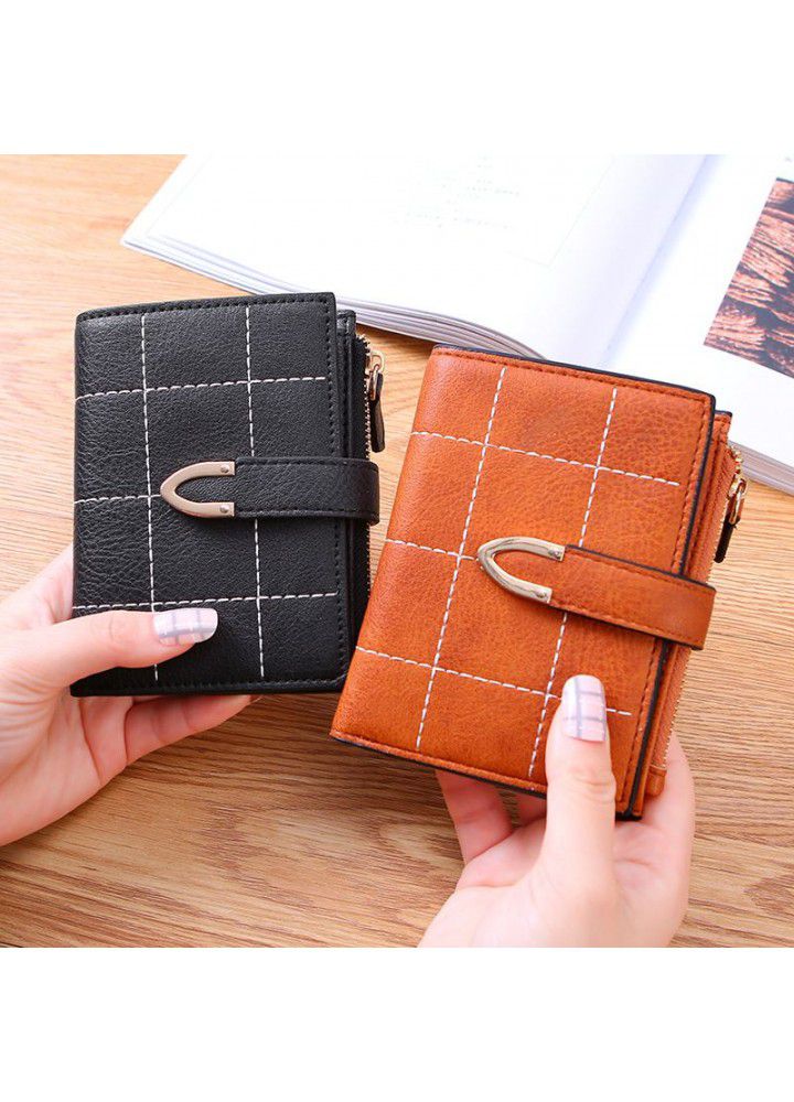  Plaid women's purse short Korean student folding multi-functional small fresh buckle card bag small wallet woman 