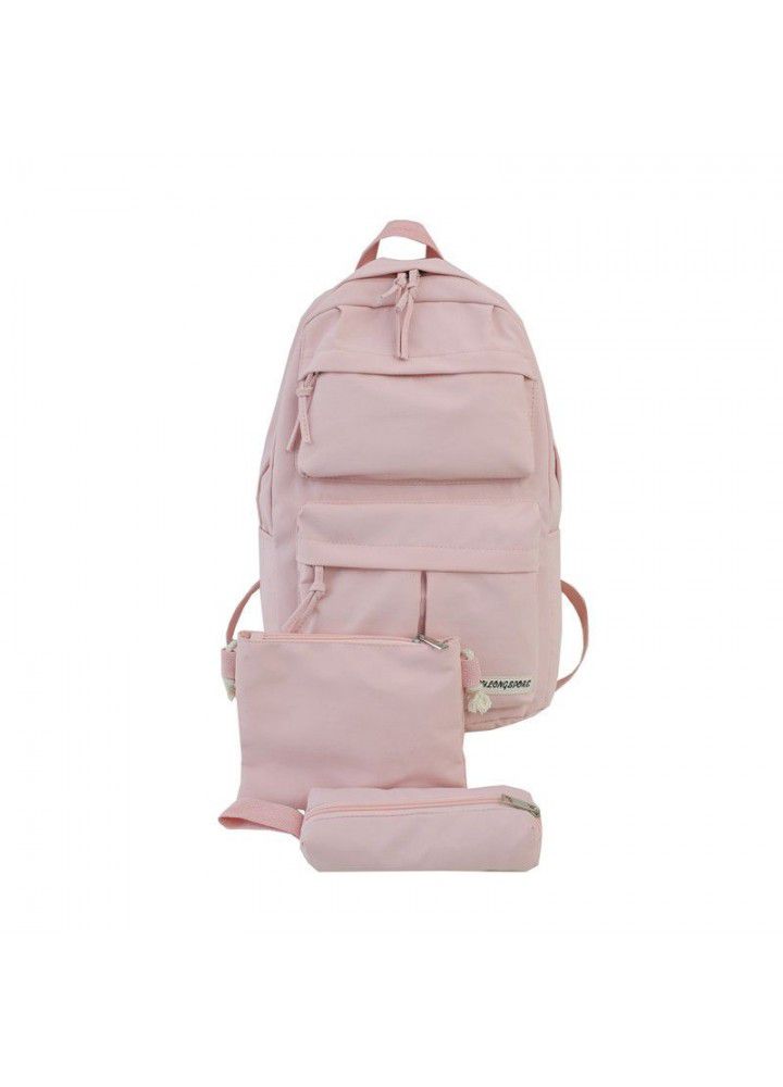  New Student Backpack three piece set of Korean girls' schoolbag solid color junior high school students' Backpack 