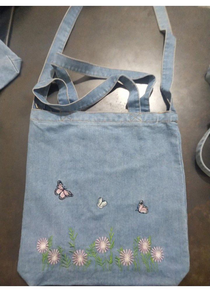 New washed denim handbag women's Korean embroidery women's shoulder bag simple fawn canvas bag customization 