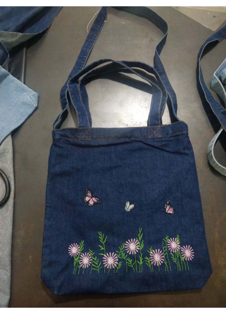 New washed denim handbag women's Korean embroidery women's shoulder bag simple fawn canvas bag customization 