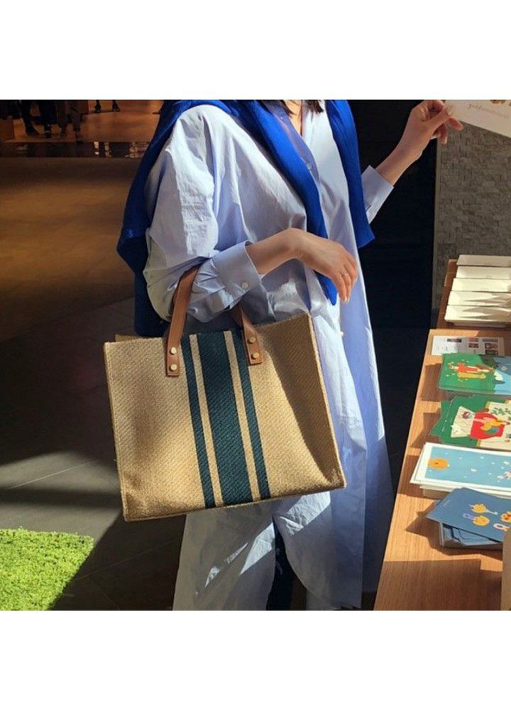 Korean women's hand-held briefcase professional commuting stripe simple one shoulder large bag ins large capacity canvas bag 