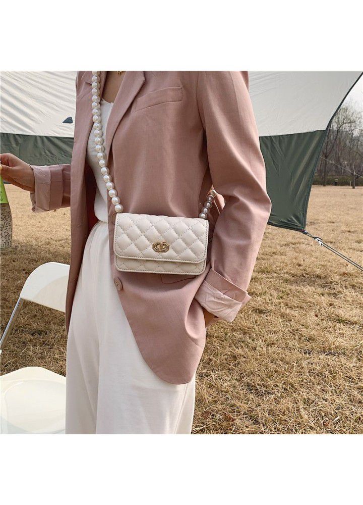  new large pearl shoulder belt chain bag diamond lattice embroidery net red waist bag chest bag single shoulder slant span bag lady's small bag 