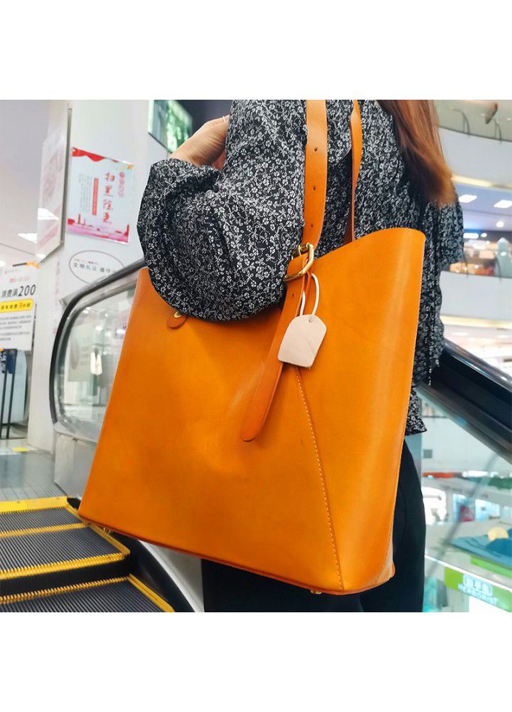 New fashion women's bag simple retro one shoulder bag large capacity vegetable tanned leather portable fashion One Shoulder Tote Bag 