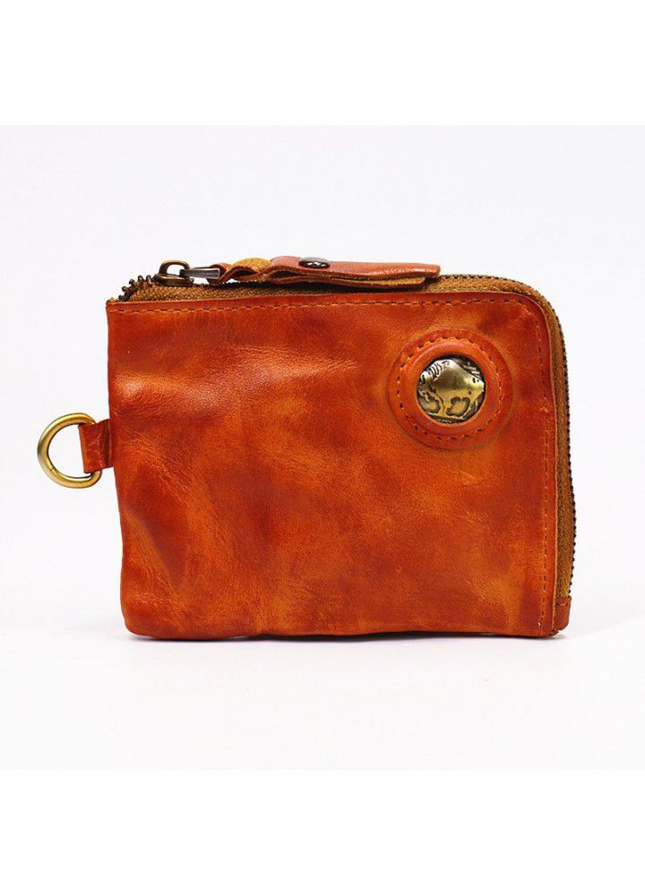 Hand made leather purse with head leather, men's leather, retro fold, short zipper, small wallet, card bag, zero wallet 