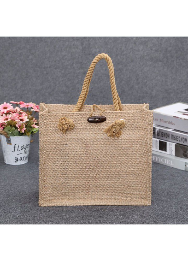 Retro handbag portable fresh linen bag with side bottom jute single shoulder large capacity cotton linen bag customization 