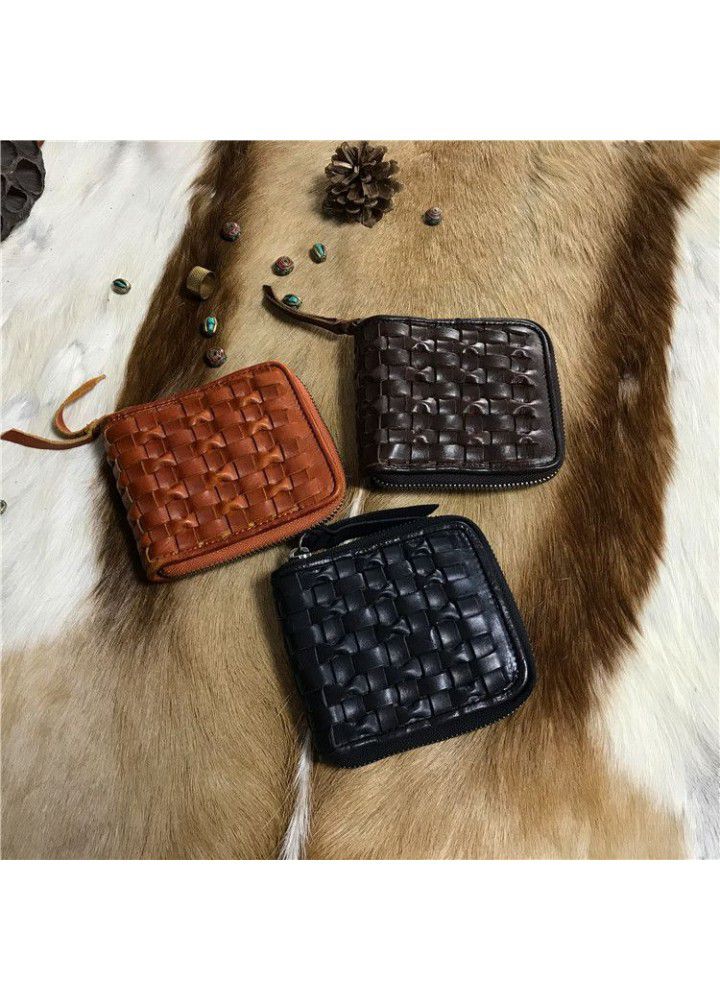 Classic vegetable tanned cow leather retro wash tree cream leather woven wallet European and American fashionable zipper wallet 18053 