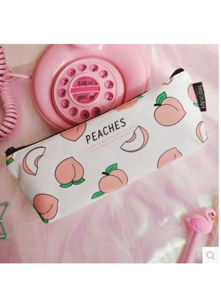Creative and lovely japanese peach canvas pencil bag small fresh and interesting letter stationery box storage bag pencil bag girl 