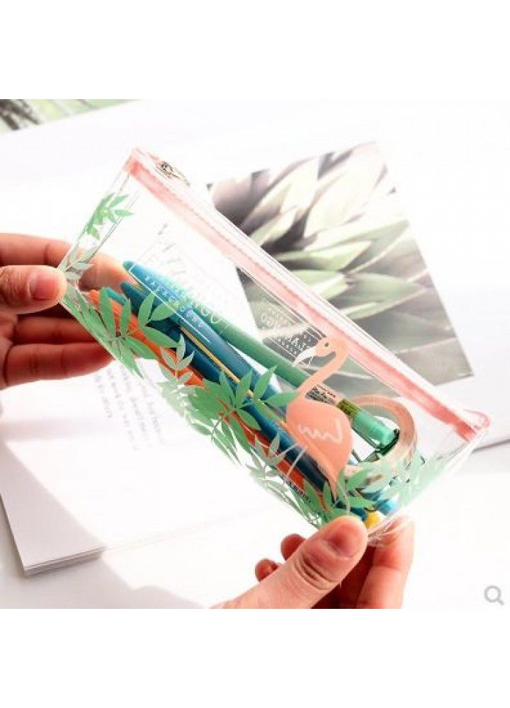 Korean creative small fresh pencil bag transparent art Flamingo pencil bag large capacity simple schoolgirl stationery bag 