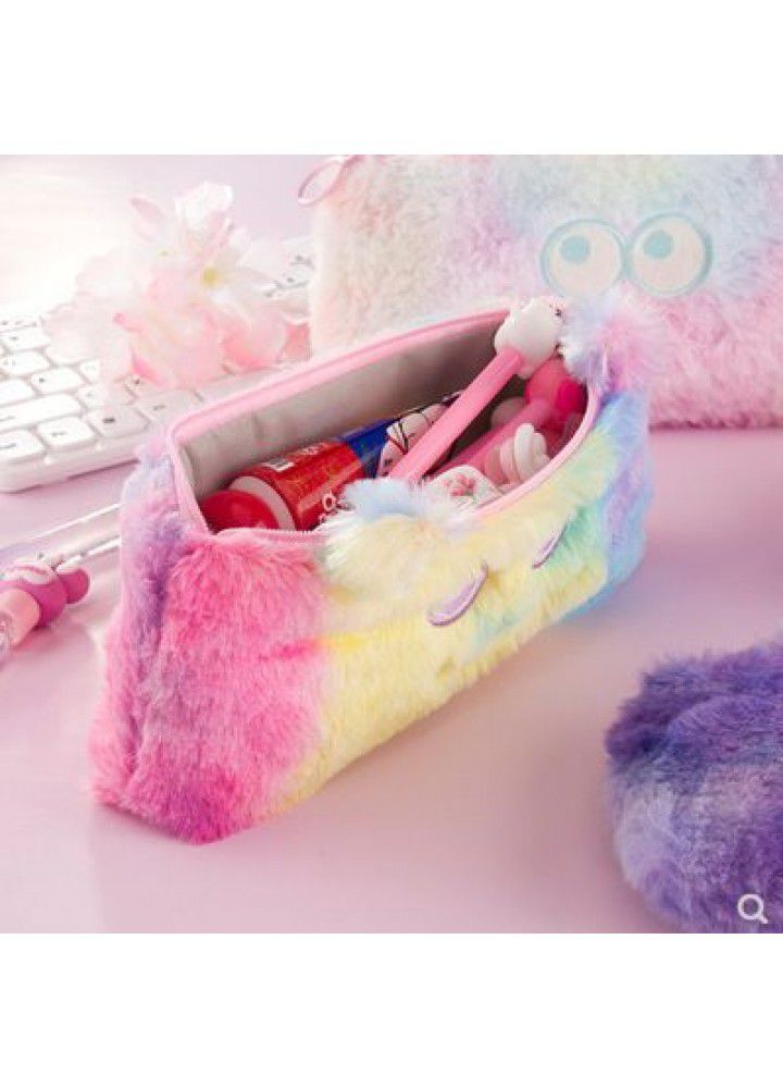 Korean cute little monster gradient Plush pencil case student girl's heart stationery bag large capacity storage bag 