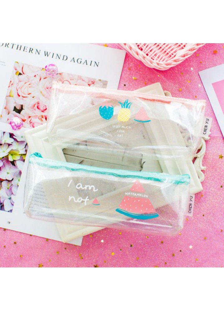 Korean simple girl small fresh fruit laser transparent pencil case large capacity creative cute stationery box for primary school students 