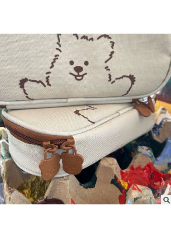 Korea ins high value student canvas pencil case cute bear large capacity stationery pencil case multi function storage bag 
