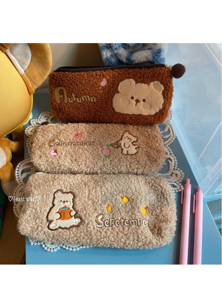 Cartoon cute bear embroidered Plush pencil case large capacity triangle pencil case student zipper pencil case stationery bag 
