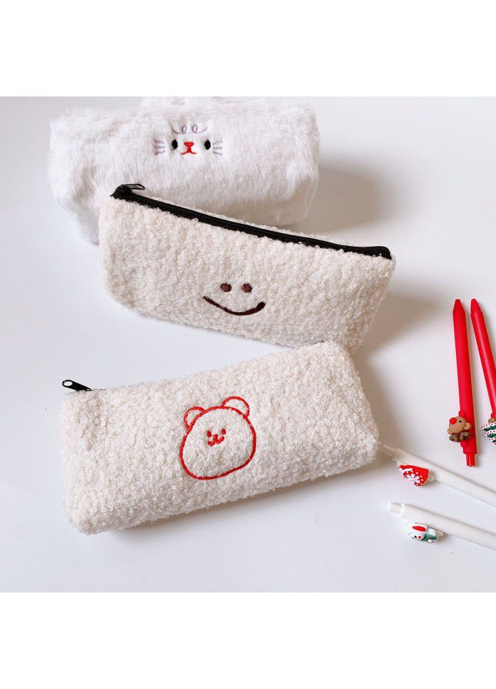 Homemade simple lamb hair smiley face pencil bag with lots of cute stationery storage bag dinotaeng 