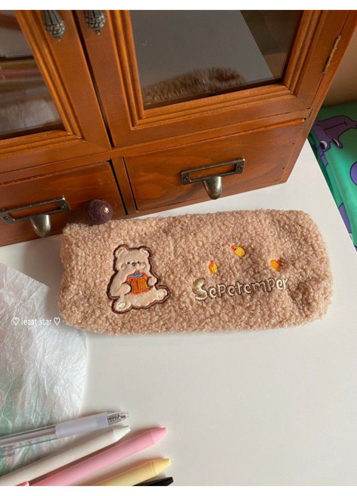 Cartoon cute bear embroidered Plush pencil case large capacity triangle pencil case student zipper pencil case stationery bag 