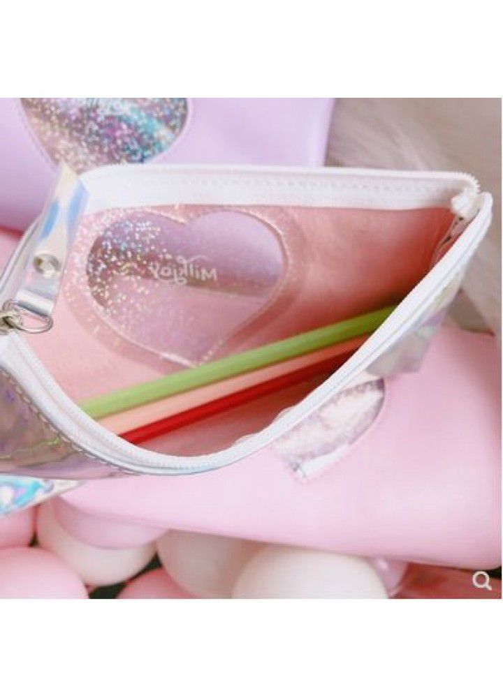 Korean ins laser love Japanese girl's heart contains Harajuku wind transparent pencil bag and little fresh girl's stationery bag 
