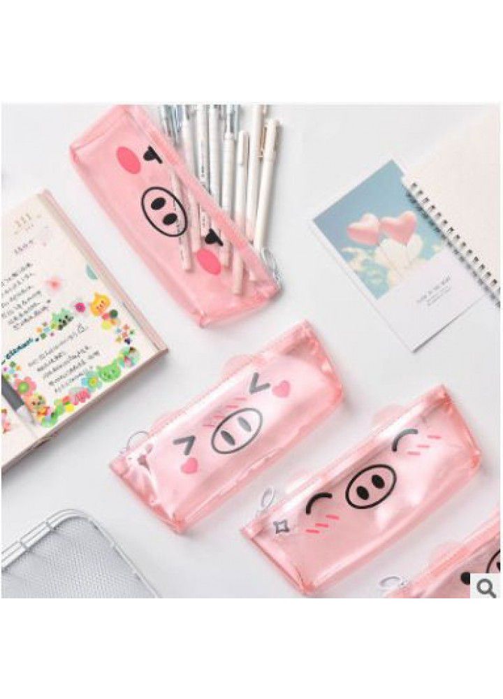 Korean girl heart pig transparent pencil case student girl lovely pink net red stationery bag zipper pencil case 