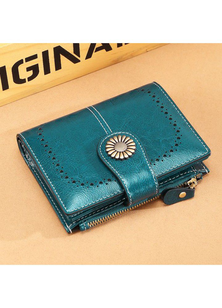  new wallet women's short Korean wax leather zero wallet fashion buckle zipper card bag 