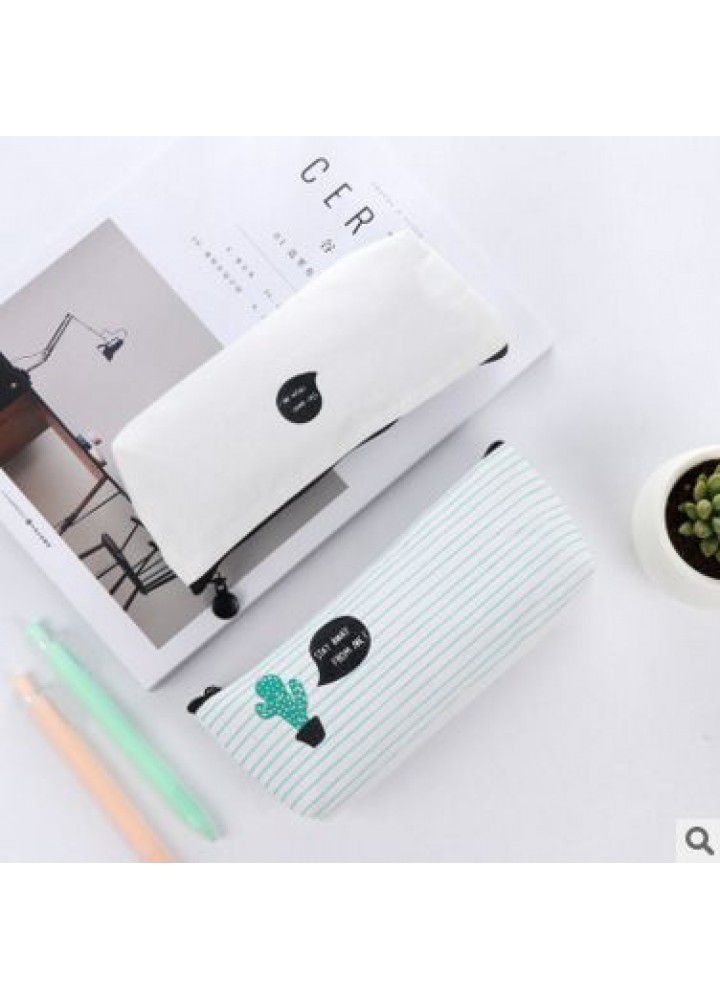 Cactus canvas pencil case Korean simple male and female middle school students cute little fresh zipper pencil case 