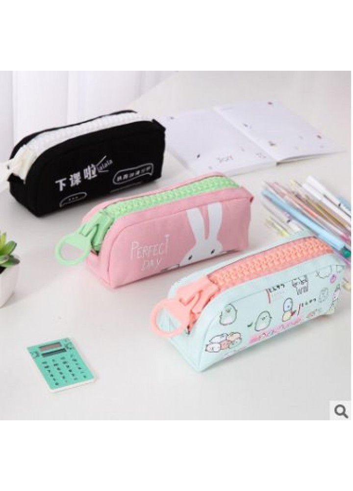 Large capacity zipper pencil bag cute girl simple canvas Japanese stationery bag male junior high school students storage stationery bag 