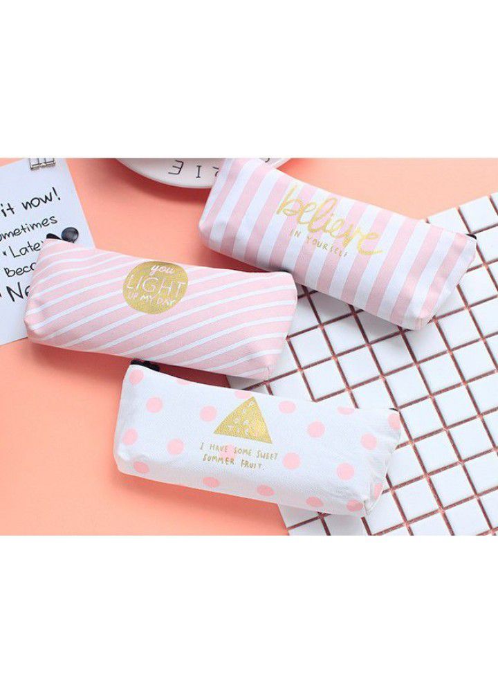 Small fresh crystal powder stripe canvas pencil case Japanese and Korean stationery creative large capacity pencil case for primary and secondary school students 