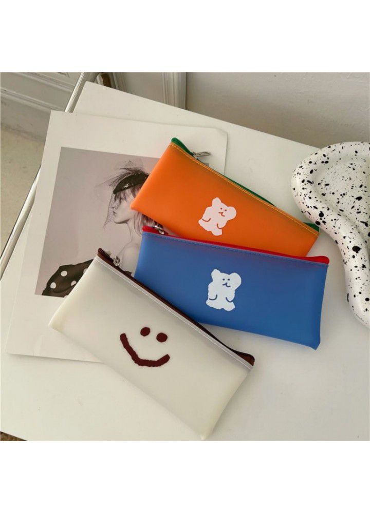 Korean simple color contrast silicone pencil case PVC high value student stationery finishing large capacity storage bag 