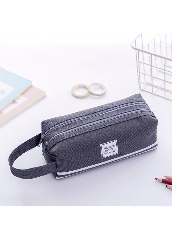 Creative double-layer large capacity portable pen bag primary school students simple Oxford cloth double zipper stationery bag Korean stationery box