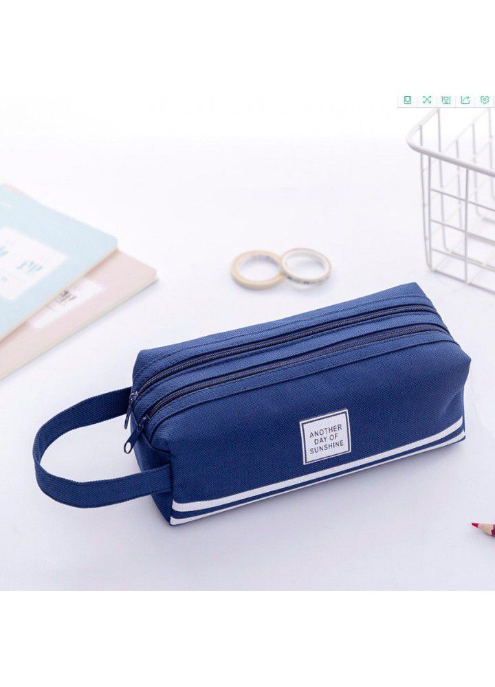 Creative double-layer large capacity portable pen bag primary school students simple Oxford cloth double zipper stationery bag Korean stationery box