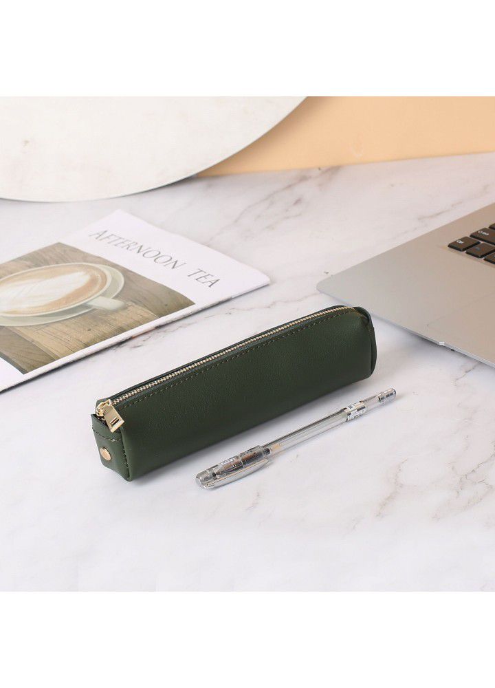 Leather pencil bag female simple literature and art middle school students pencil box junior high school students stationery box small portable pencil bag