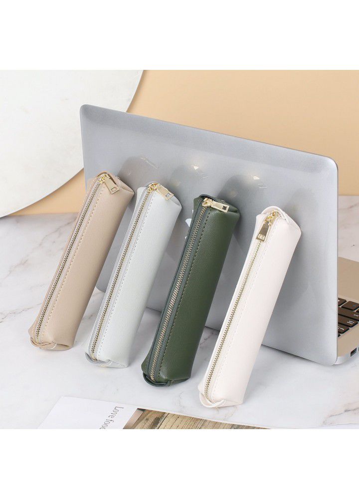 Leather pencil bag female simple literature and art middle school students pencil box junior high school students stationery box small portable pencil bag