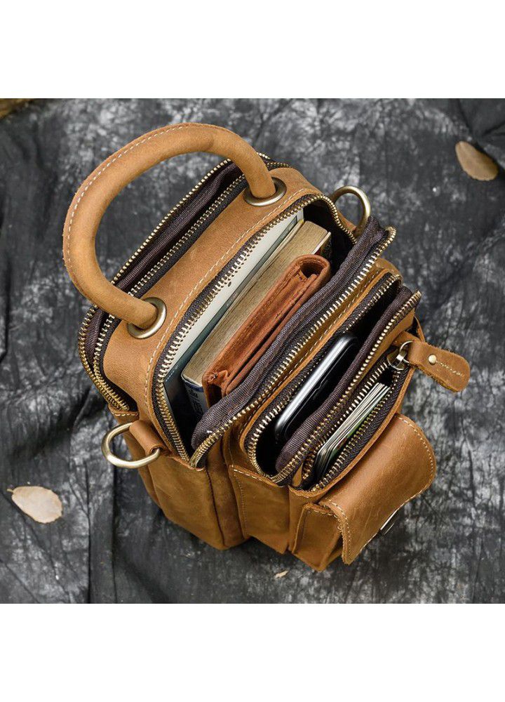 Leather Men's One Shoulder Messenger Bag Crazy Horse Leather personalized waist bag outdoor sports mobile phone bag multi-function three-purpose 9417