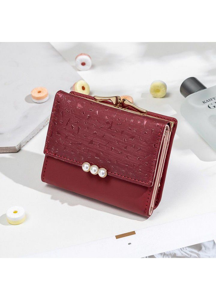  new small wallet women's short Korean version tidal pearl three fold student Mini Wallet zero wallet wholesale