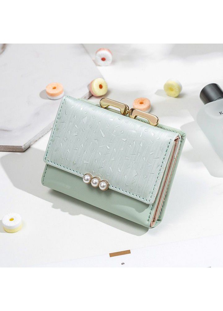  new small wallet women's short Korean version tidal pearl three fold student Mini Wallet zero wallet wholesale