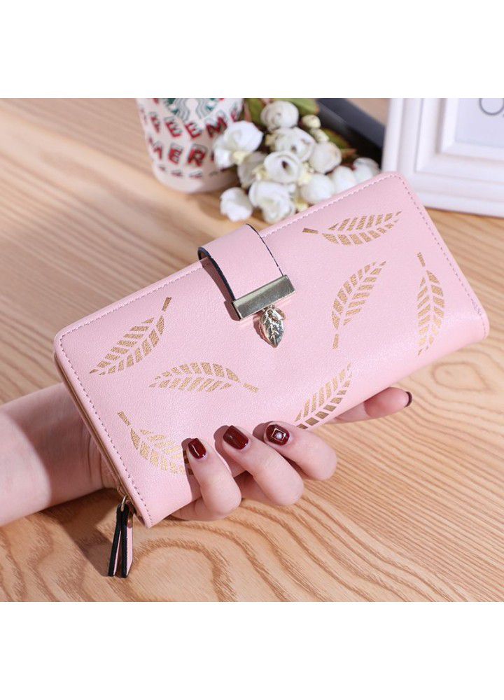  new women's wallet printed leaf wallet wallet Korean two fold zipper long card bag hand bag