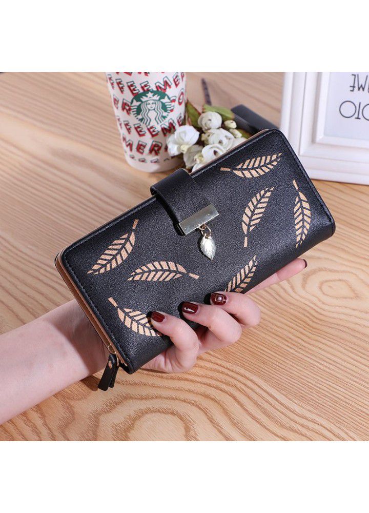  new women's wallet printed leaf wallet wallet Korean two fold zipper long card bag hand bag